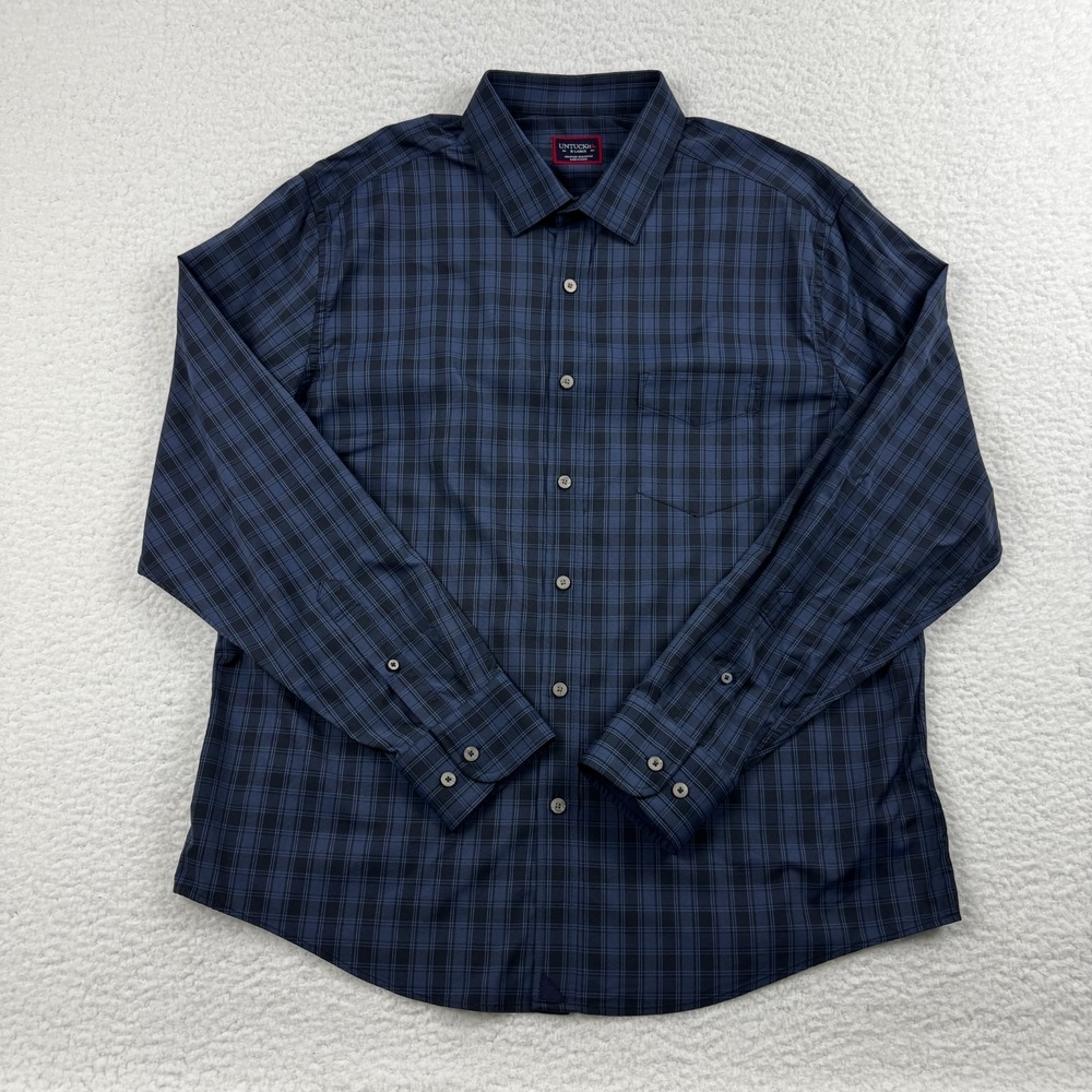 UNTUCKit Casual Shirt Mens XL Blue Black Plaid Nylon Regular Collared Button Up